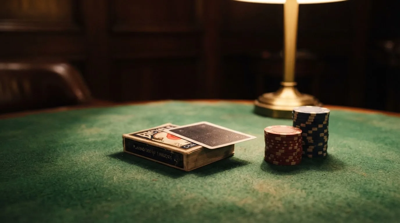 Kortlek och staplar av spelmarker på ett grönt filtbord i en dunkel salong, varmt lampsken — 10 euro casino i sverige