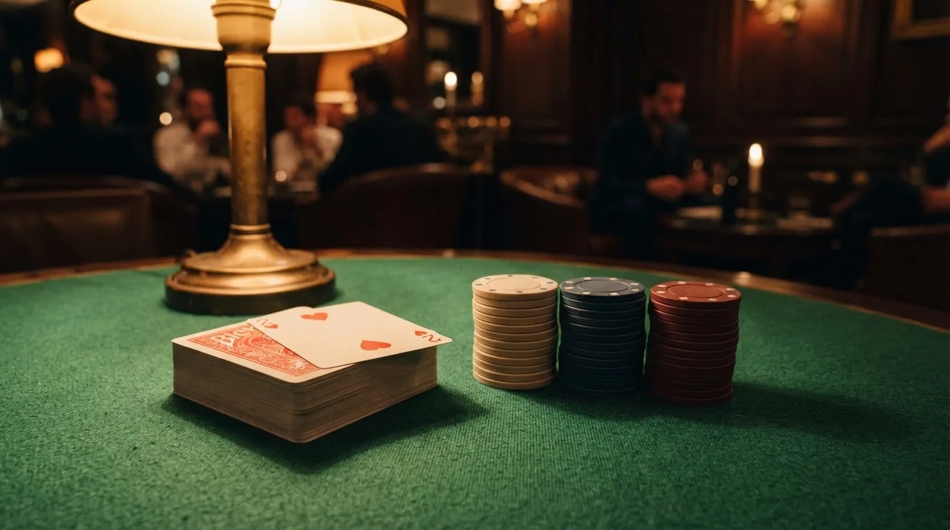 Kortlek och staplar av spelmarker på ett grönt filtbord i en dunkel salong, varmt lampsken — 10 free spins casino i sverige