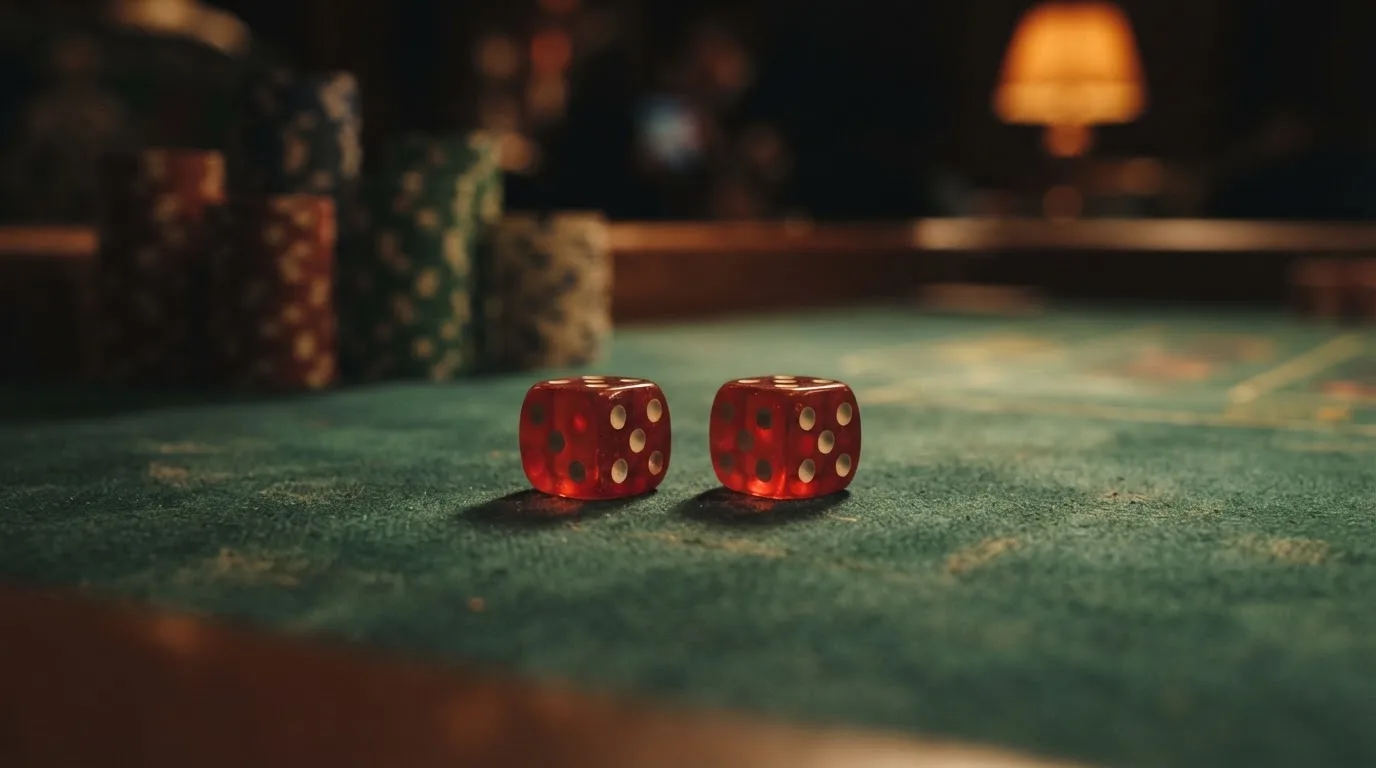 Röda tärningar vilar på grönt filt, bakom dem suddiga torn av spelmarker i kvällsdunklet — 10 kr casino i sverige