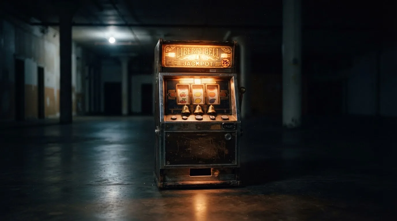En gammal spelautomat lyser i den dunkla hallen och speglar sig i golvet — 100 free spins casino i sverige