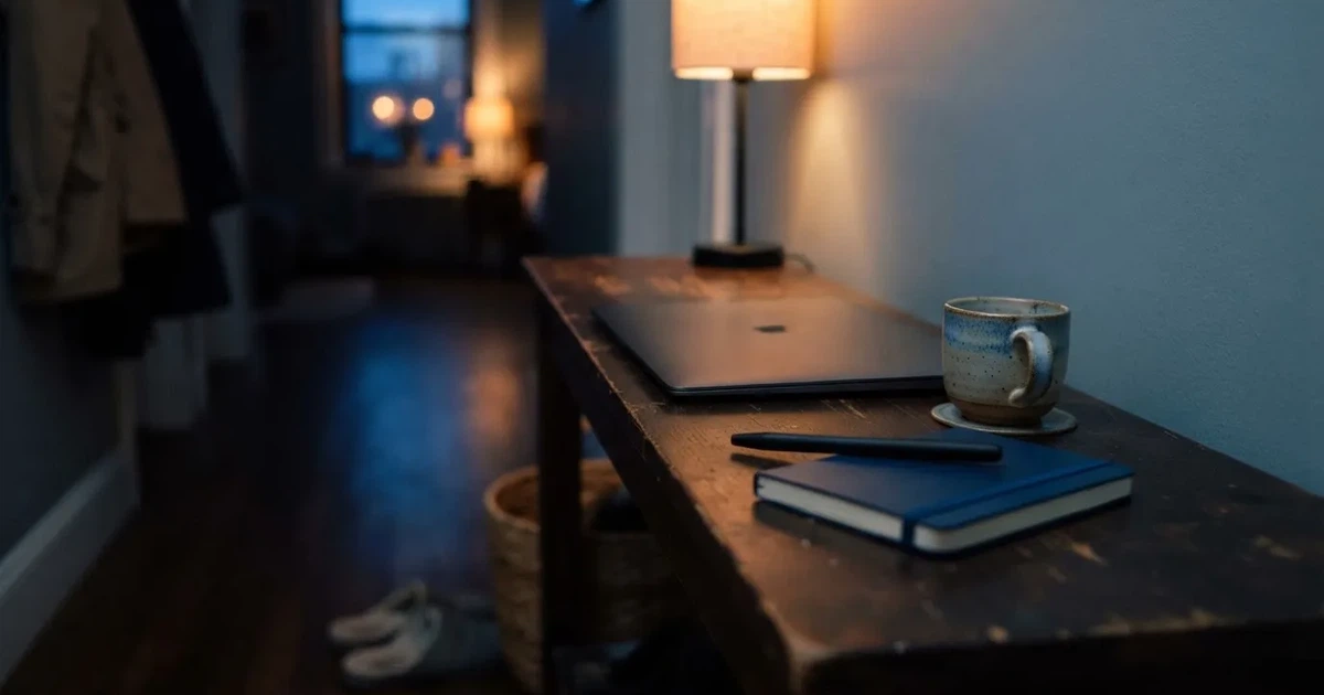 Kaffekopp och penna på ett smalt hallbord i skymning, en stängd bärbar dator vid sidan — 100 kr casino i sverige