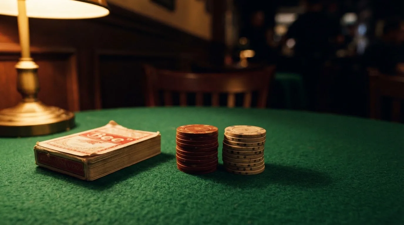 Kortlek och staplar av spelmarker på ett grönt filtbord i en dunkel salong, varmt lampsken — 150 free spins casino i sverige