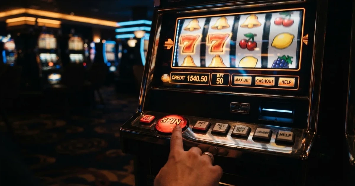 Ett finger trycker på spelautomatens klarröda knapp i dunklet, neonljus lyser runt omkring — 150 free spins casino i sverige