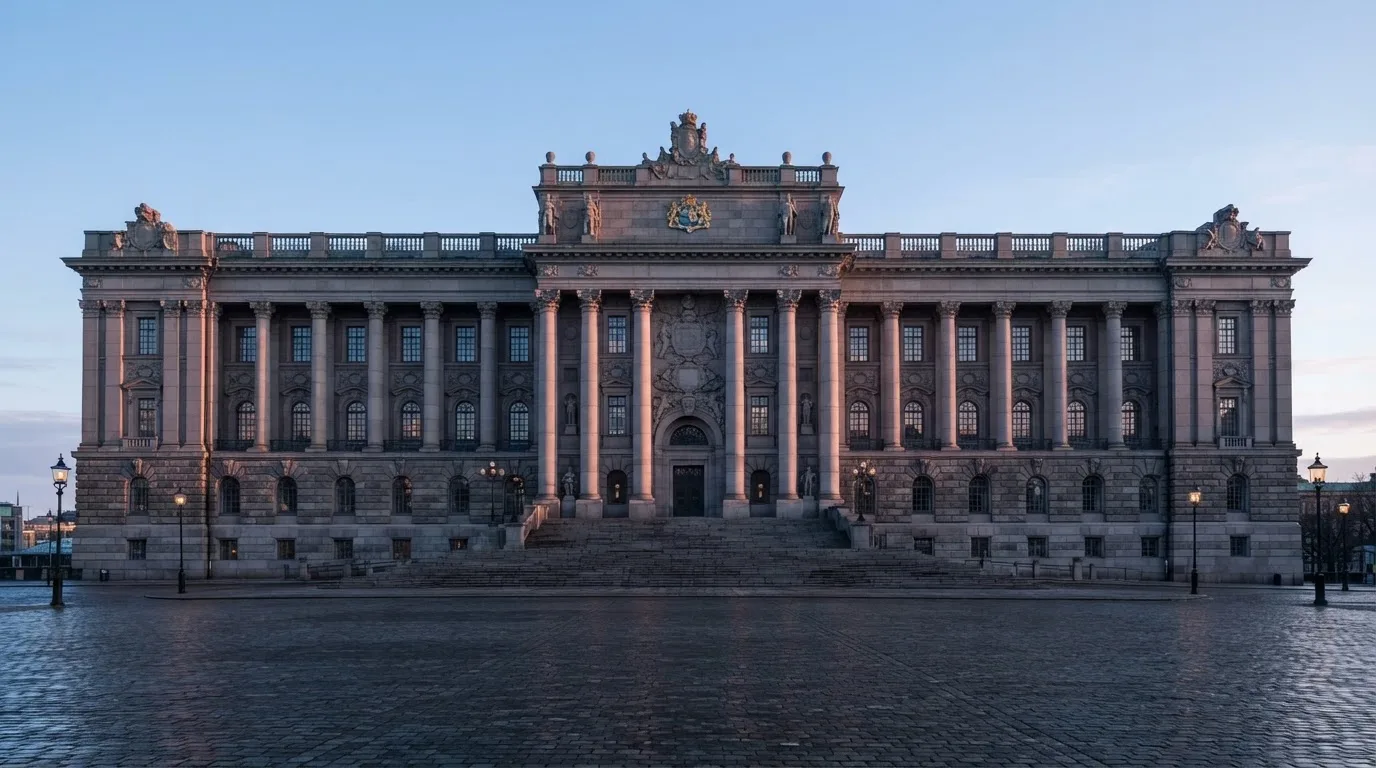 Stenfasad på en statlig byggnad i Stockholm vid gryning, höga pelare och ett tomt torg framför — 150 free spins casino i sverige