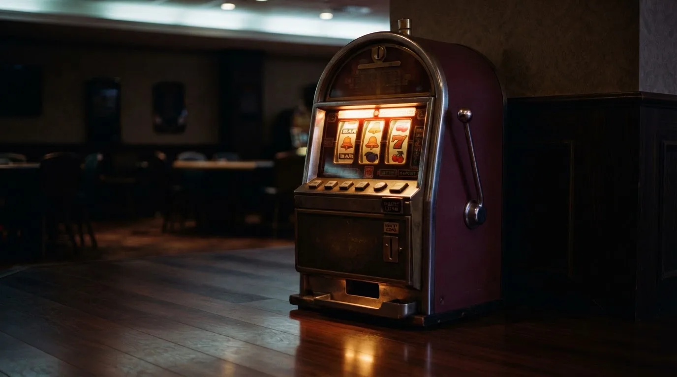 En gammal spelautomat lyser i den dunkla hallen och speglar sig i golvet — 150 kr casino i sverige