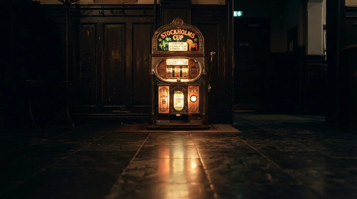 En gammal spelautomat lyser i den dunkla hallen och speglar sig i golvet — 20 euro casino i sverige