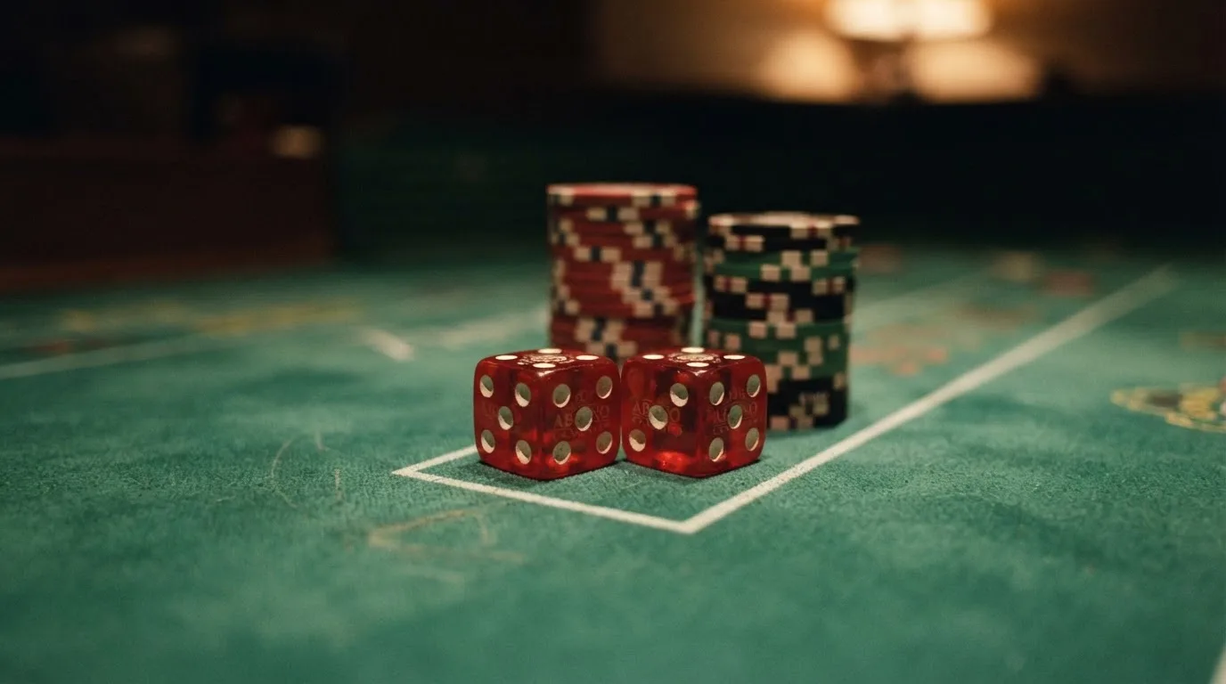 Röda tärningar vilar på grönt filt, bakom dem suddiga torn av spelmarker i kvällsdunklet — 20 free spins casino i sverige