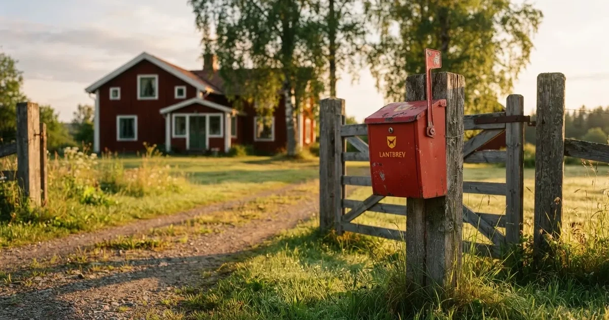 En röd brevlåda vid grinden till en lantgård en sommarkväll, daggigt gräs och långa skuggor — 20 kr casino i sverige