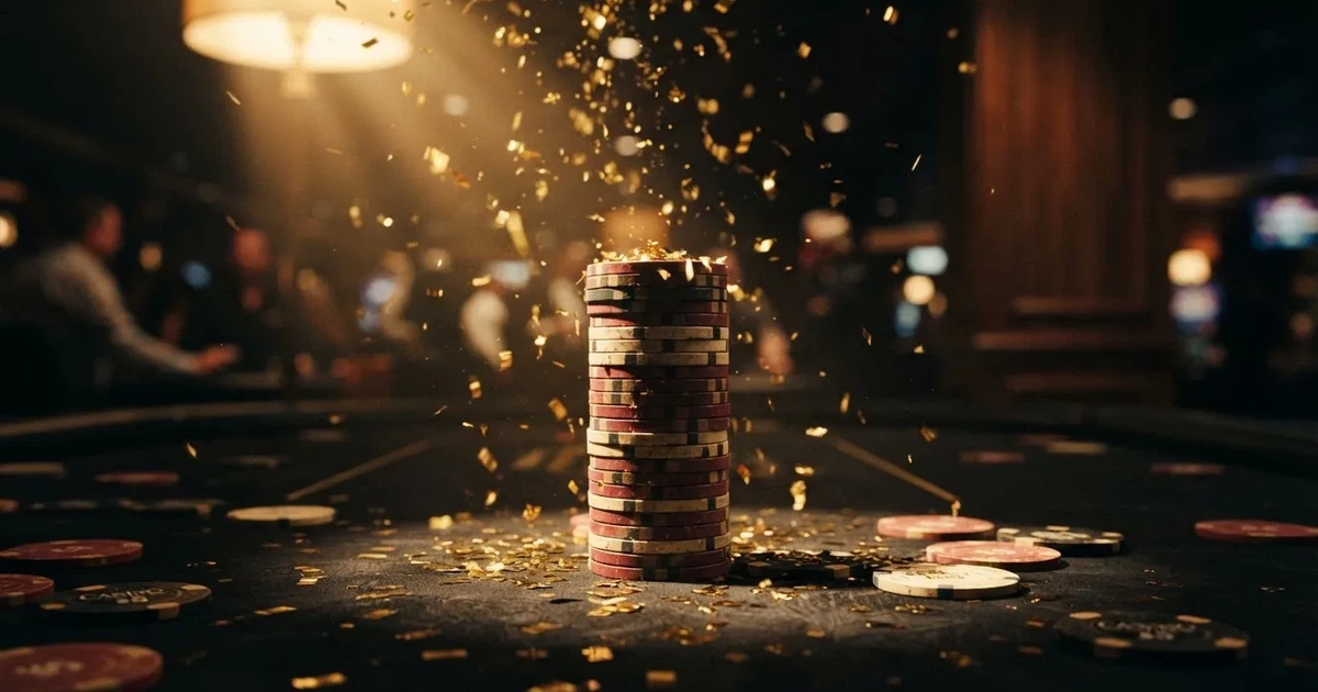 Guldkonfetti faller över spelmarker på ett svart bord, en ljuskägla träffar högens topp — 200 free spins casino i sverige