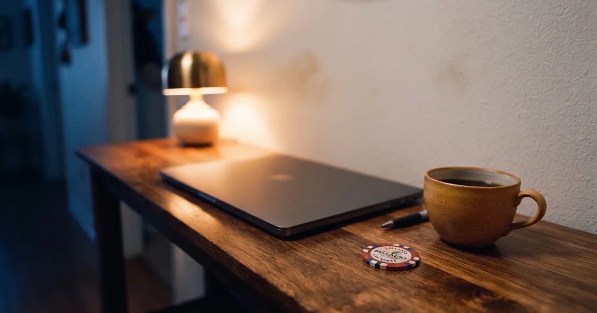Kaffekopp och penna på ett smalt hallbord i skymning, en stängd bärbar dator vid sidan — 200 kr casino i sverige