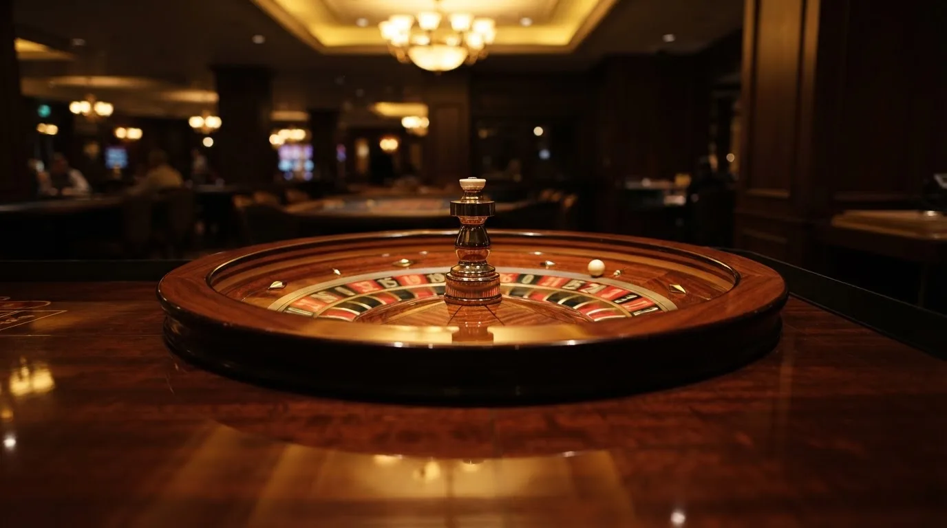Ett roulettehjul snurrar på ett blankt träbord, den vita kulan glimmar i takljusets guld — 30 free spins casino i sverige