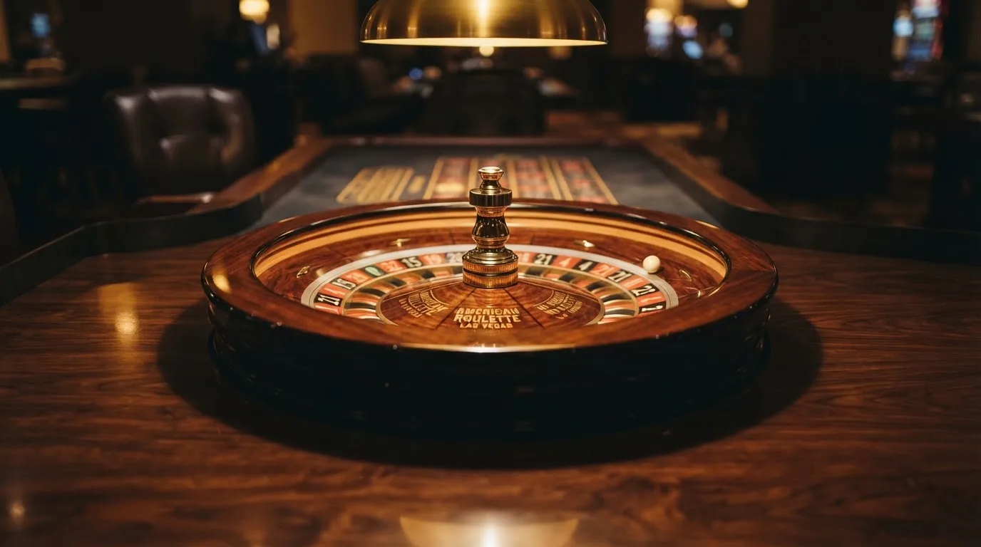 Ett roulettehjul snurrar på ett blankt träbord, den vita kulan glimmar i takljusets guld — 40 free spins casino i sverige