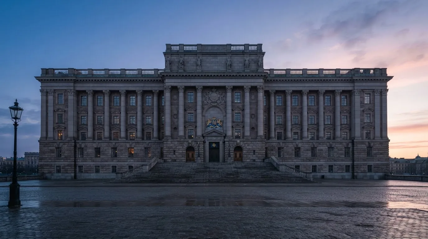 Stenfasad på en statlig byggnad i Stockholm vid gryning, höga pelare och ett tomt torg framför — 40 free spins casino i sverige