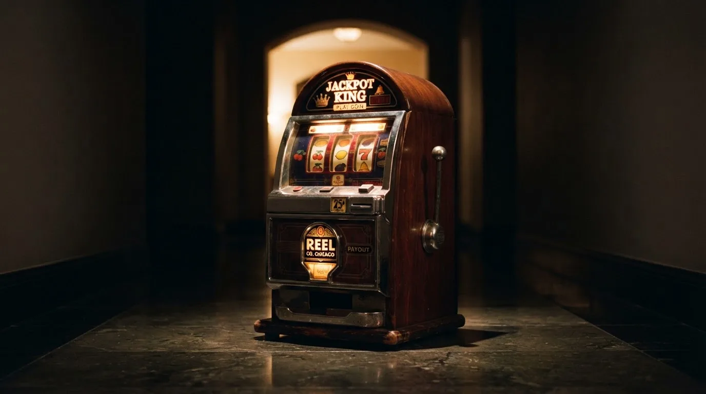 En gammal spelautomat lyser i den dunkla hallen och speglar sig i golvet — 5 euro casino i sverige
