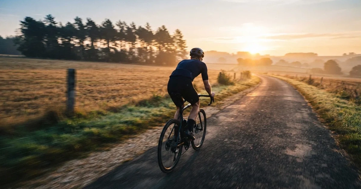 En cyklist susar längs en landsväg vid soluppgång, farten gör åkrarna suddiga i bakgrunden — 5 euro casino i sverige