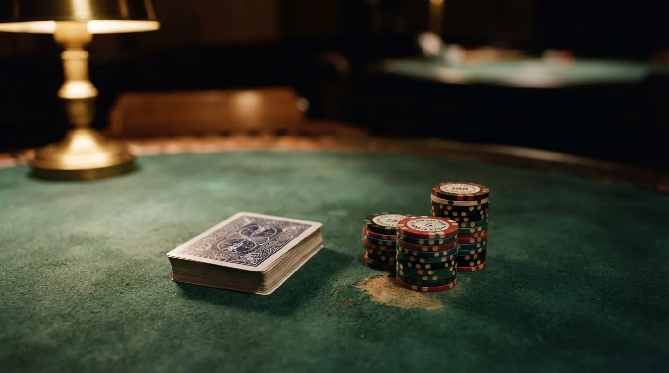 Kortlek och staplar av spelmarker på ett grönt filtbord i en dunkel salong, varmt lampsken — 50 euro casino i sverige