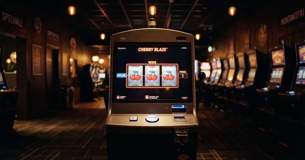 Rullarna på en spelautomat stannar i rad, klarröda körsbär lyser i den mörka spelhallen — 50 free spins casino i sverige