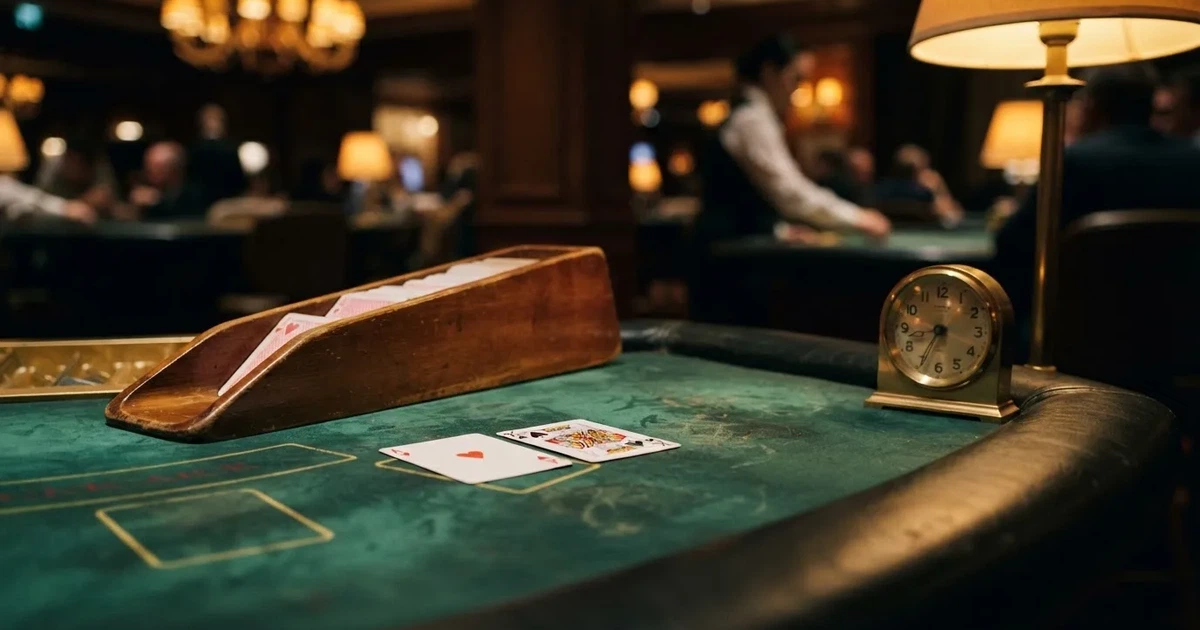 Grönt filt och en lång kortlåda av trä vid bordskanten, bredvid en blank mässingsklocka — bästa blackjack i sverige