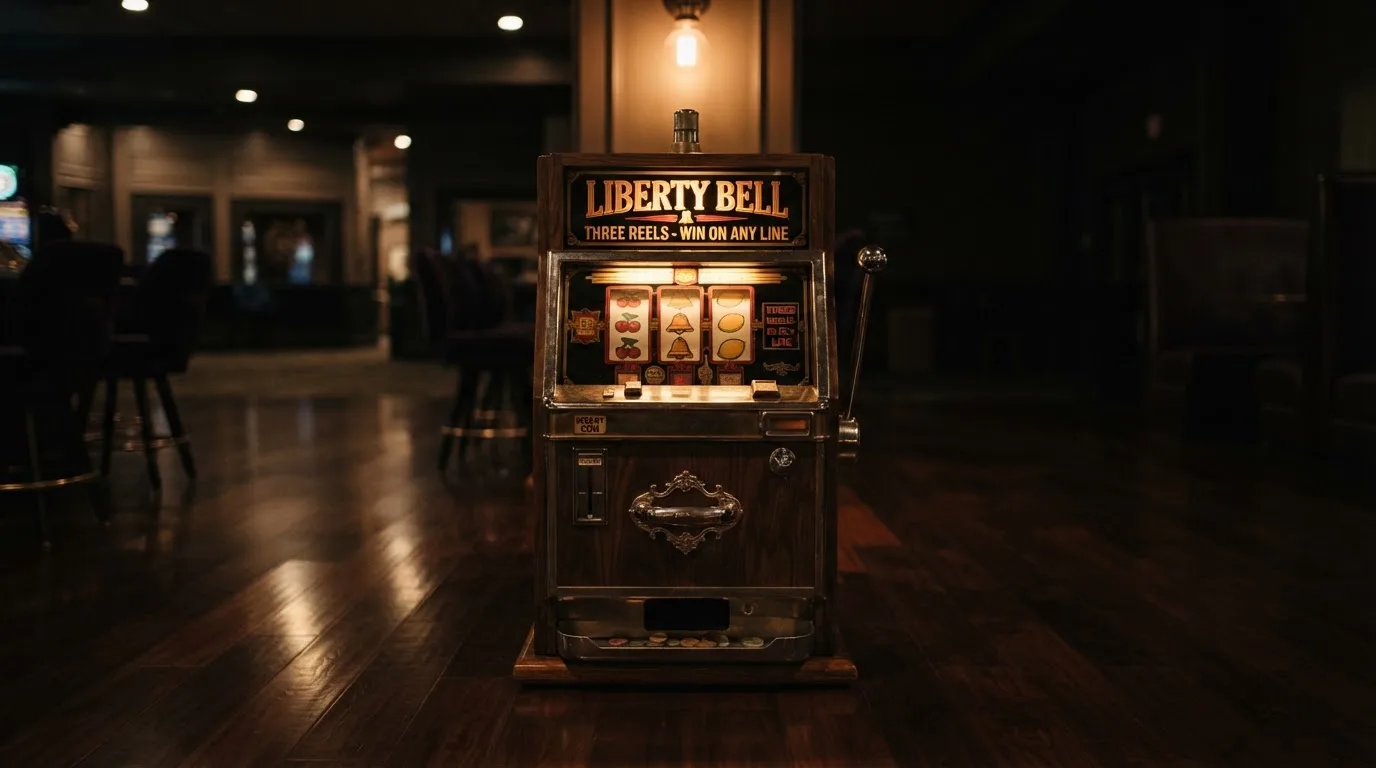 En gammal spelautomat lyser i den dunkla hallen och speglar sig i golvet — bästa kasino i sverige