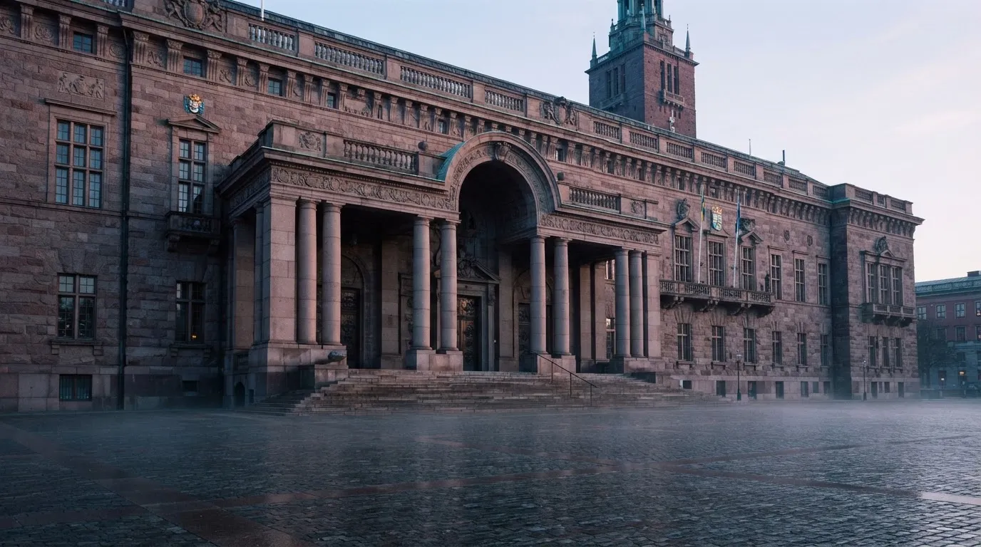 Stenfasad på en statlig byggnad i Stockholm vid gryning, höga pelare och ett tomt torg framför — bästa kasino i sverige