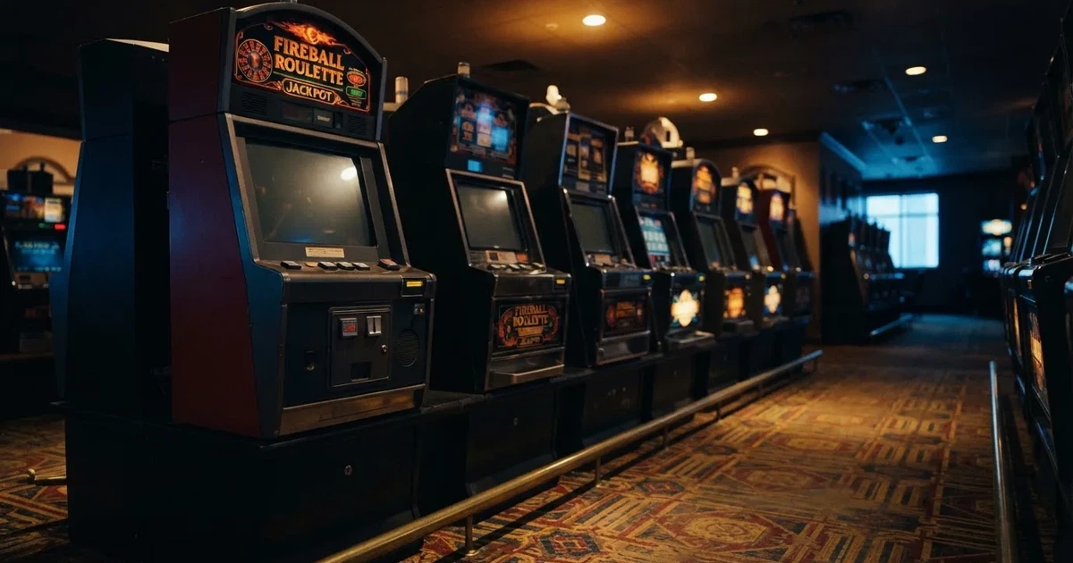 Rader av tomma spelautomater med släckta skärmar står uppställda i ett dimmat rum, fotograferat snett från sidan.