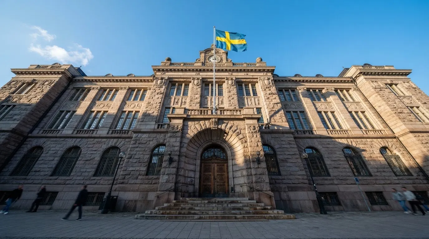 Ett gammalt stadshus i sten fotograferat underifrån mot en klarblå himmel, med den svenska flaggan som fladdrar ovanför entrén.