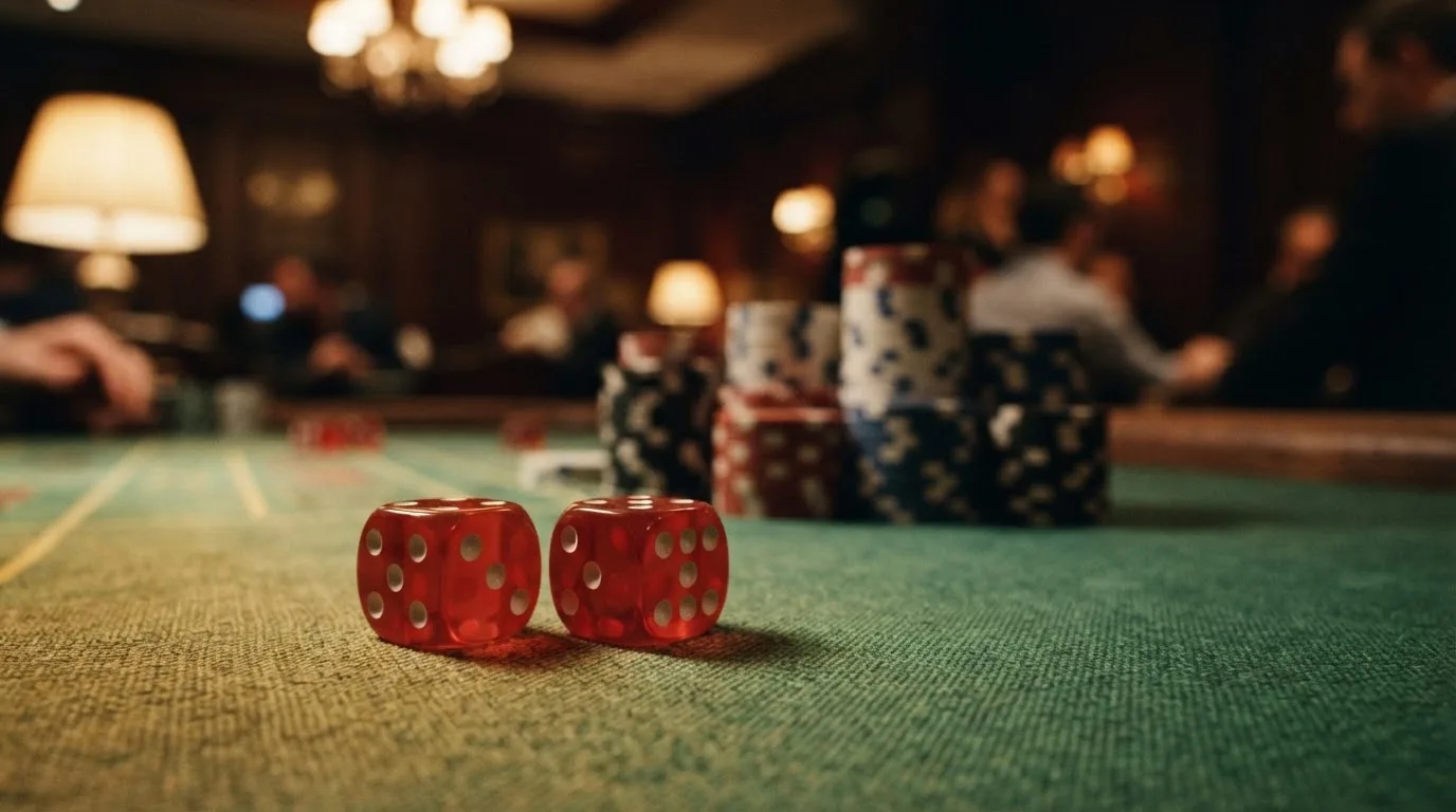 Röda tärningar vilar på grönt filt, bakom dem suddiga torn av spelmarker i kvällsdunklet — betala på casino i sverige
