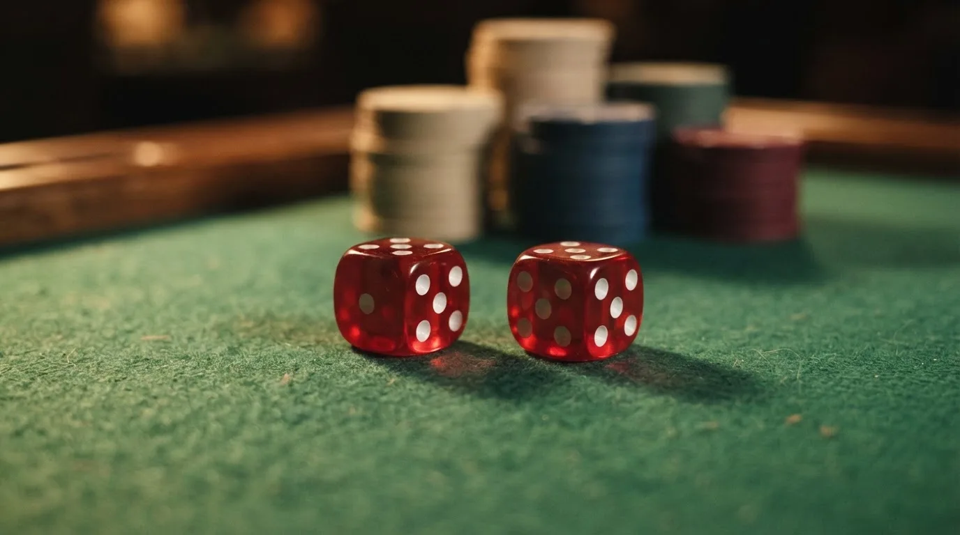 Röda tärningar vilar på grönt filt, bakom dem suddiga torn av spelmarker i kvällsdunklet — blackjack gratis i sverige