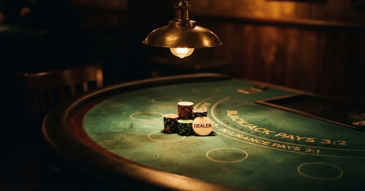 Ett ovalt pokerbord under en lågt hängande lampa, med spelmarker och en vit bricka i ljuset — blackjack med live dealer i sverige
