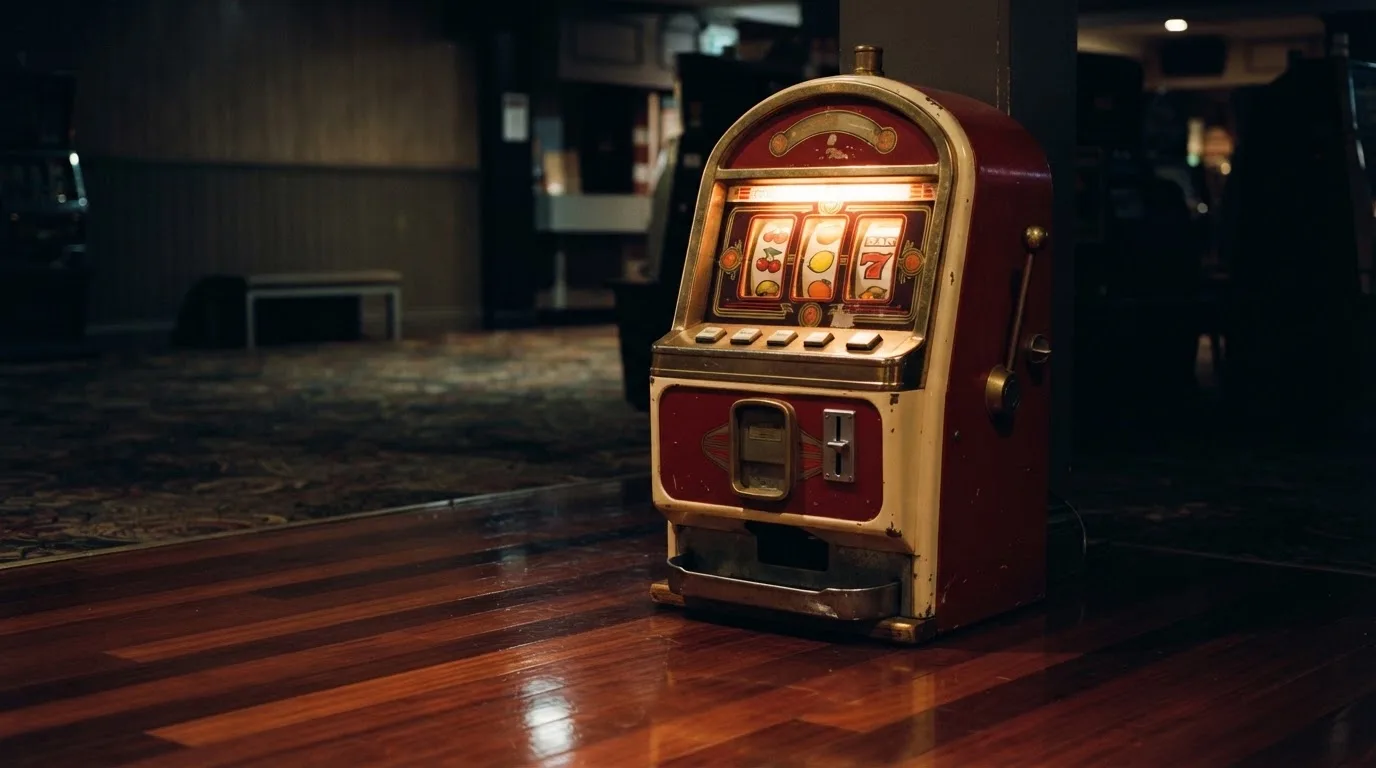 En gammal spelautomat lyser i den dunkla hallen och speglar sig i golvet — blackjack på nätet i sverige