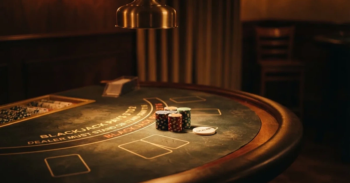 Ett ovalt pokerbord under en lågt hängande lampa, med spelmarker och en vit bricka i ljuset — blackjack på nätet i sverige