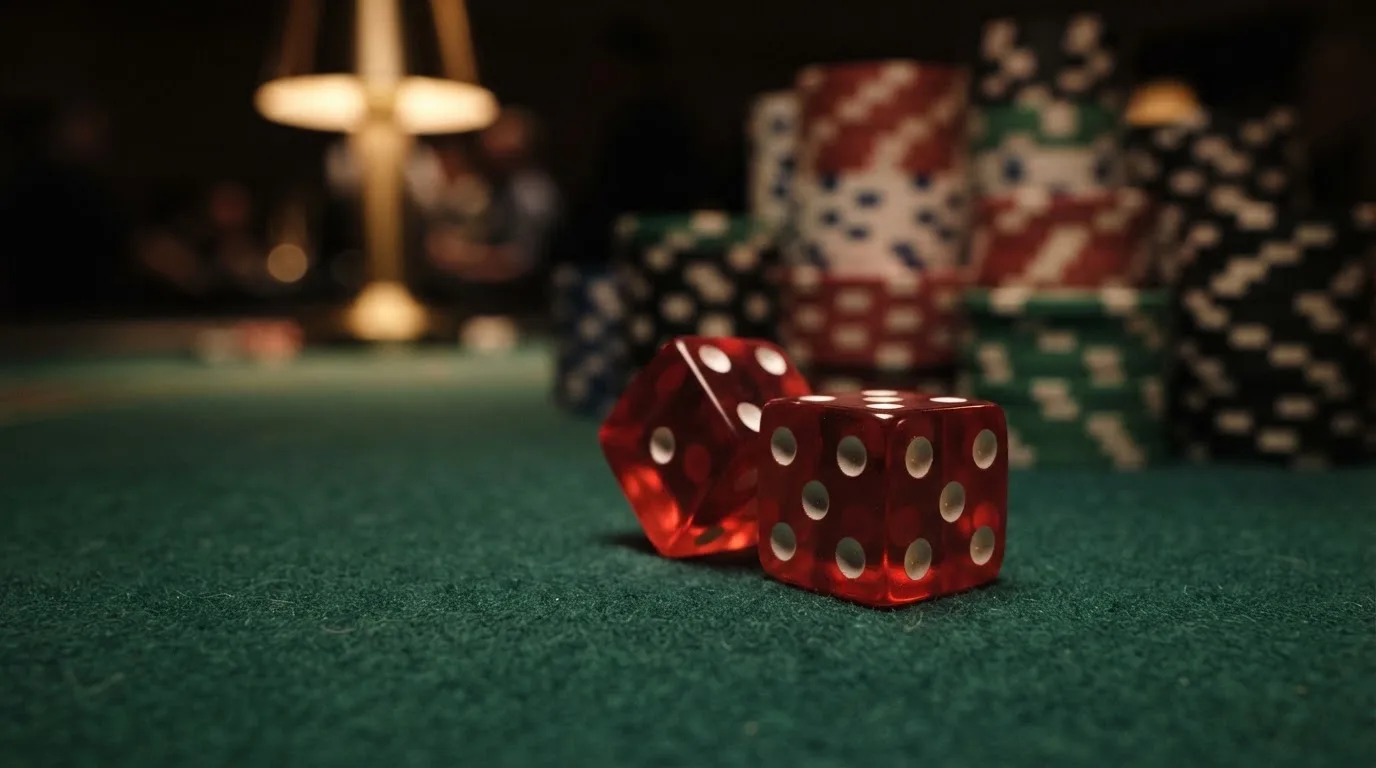 Röda tärningar vilar på grönt filt, bakom dem suddiga torn av spelmarker i kvällsdunklet — bra svenska casinon
