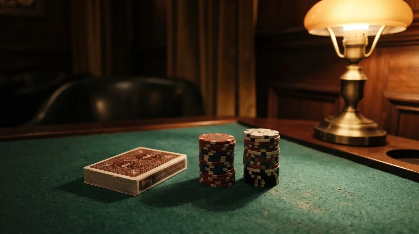 Kortlek och staplar av spelmarker på ett grönt filtbord i en dunkel salong, varmt lampsken — cashback på casino i sverige