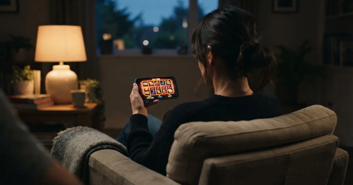 En hand håller en smartphone med skärmen vänd nedåt medan personen sitter i en fåtölj i mjukt kvällsljus.