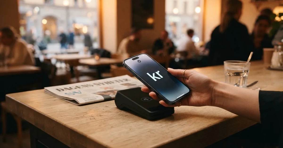 En hand håller ett betalkort nära en kortterminal för en kontaktlös betalning, fotograferat i närbild med varm belysning.