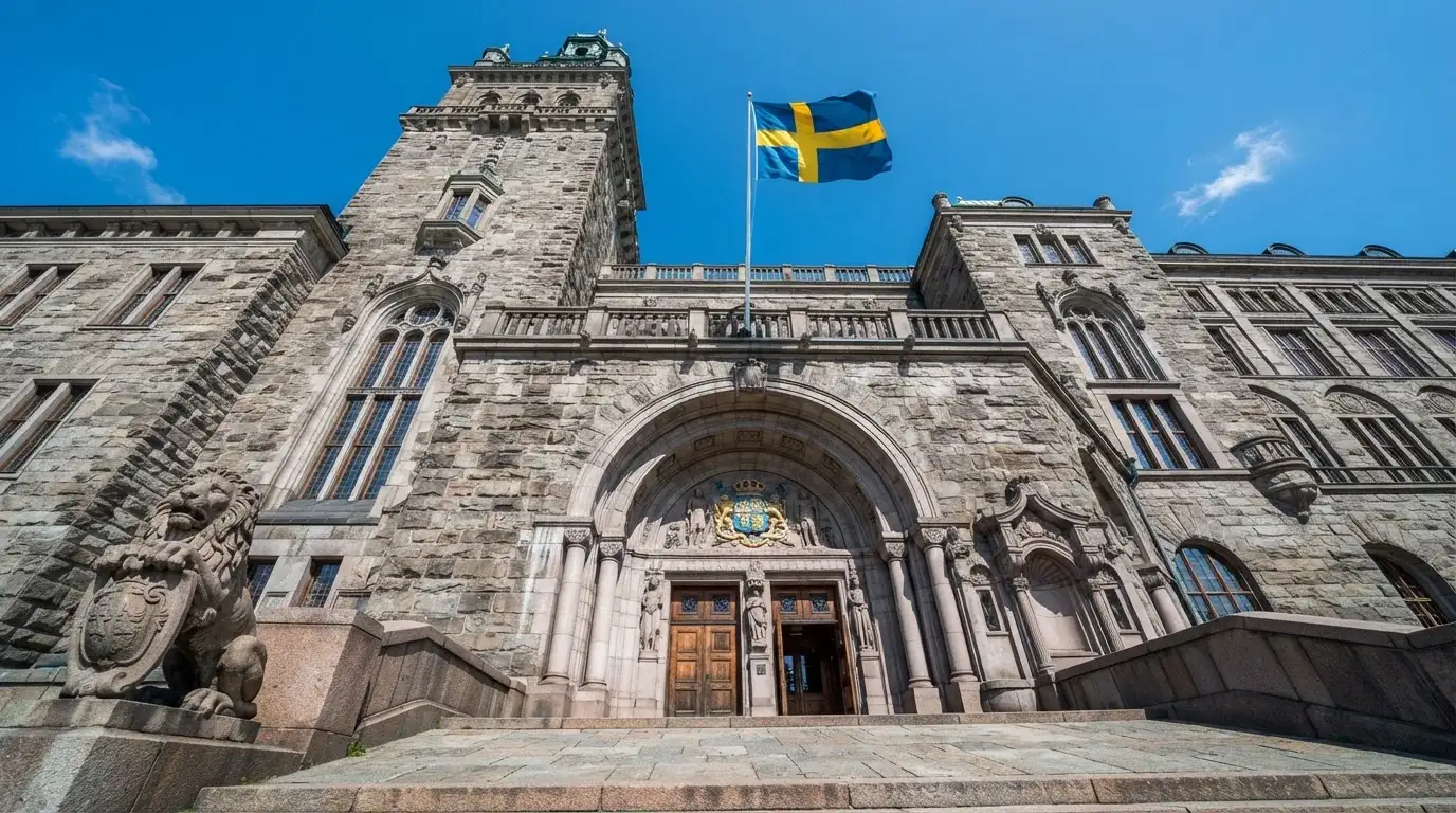 Ett gammalt stadshus i sten fotograferat underifrån mot en klarblå himmel, med den svenska flaggan som fladdrar ovanför entrén.