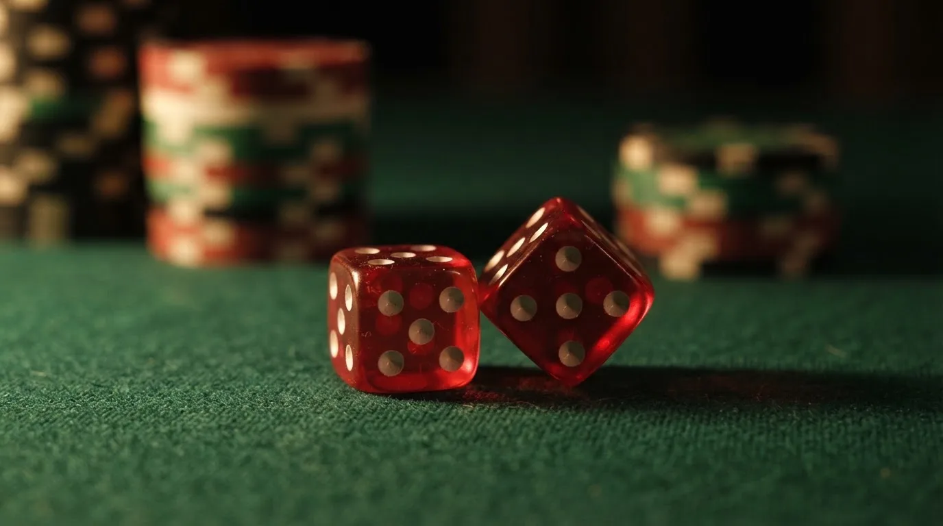 Röda tärningar vilar på grönt filt, bakom dem suddiga torn av spelmarker i kvällsdunklet — casino erbjudanden i sverige