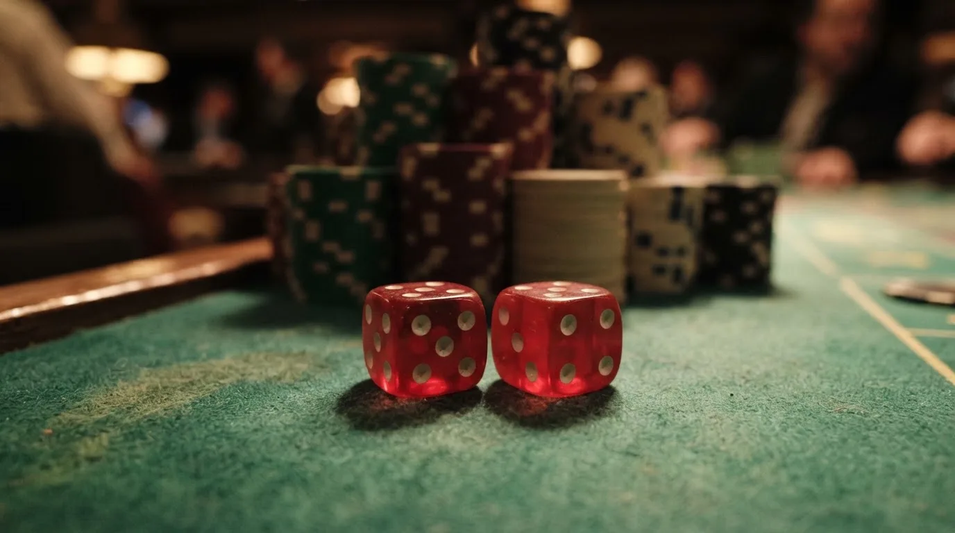 Röda tärningar vilar på grönt filt, bakom dem suddiga torn av spelmarker i kvällsdunklet — casino guider för svenskar
