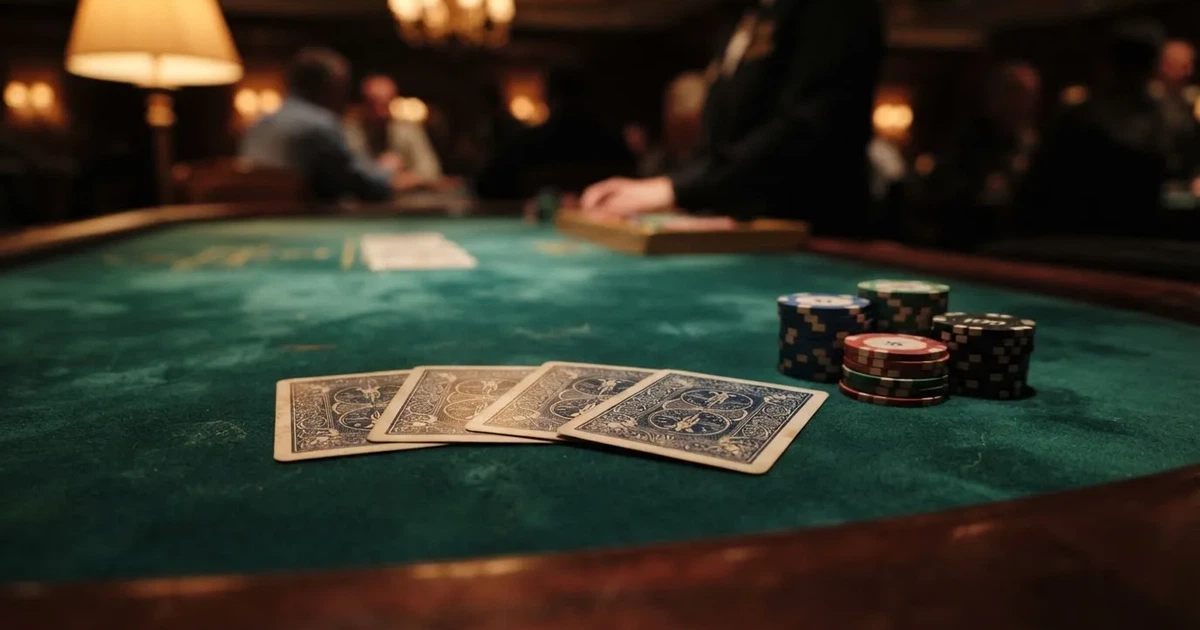 Kort delade med framsidan nedåt på grönt filt, marker väntar bredvid i varmt ljus — casino guider för svenskar