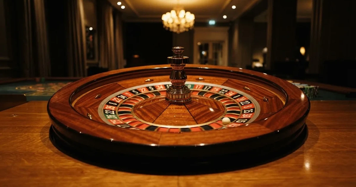 Ett roulettehjul snurrar på ett blankt träbord, den vita kulan glimmar i takljusets guld — casinon för riktiga pengar