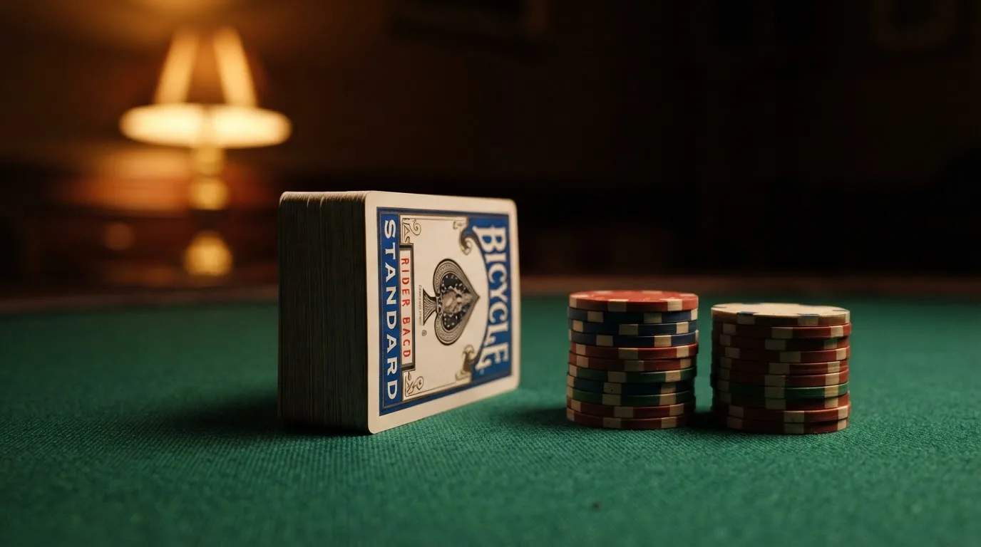 Kortlek och staplar av spelmarker på ett grönt filtbord i en dunkel salong, varmt lampsken — casinon med baccarat i sverige