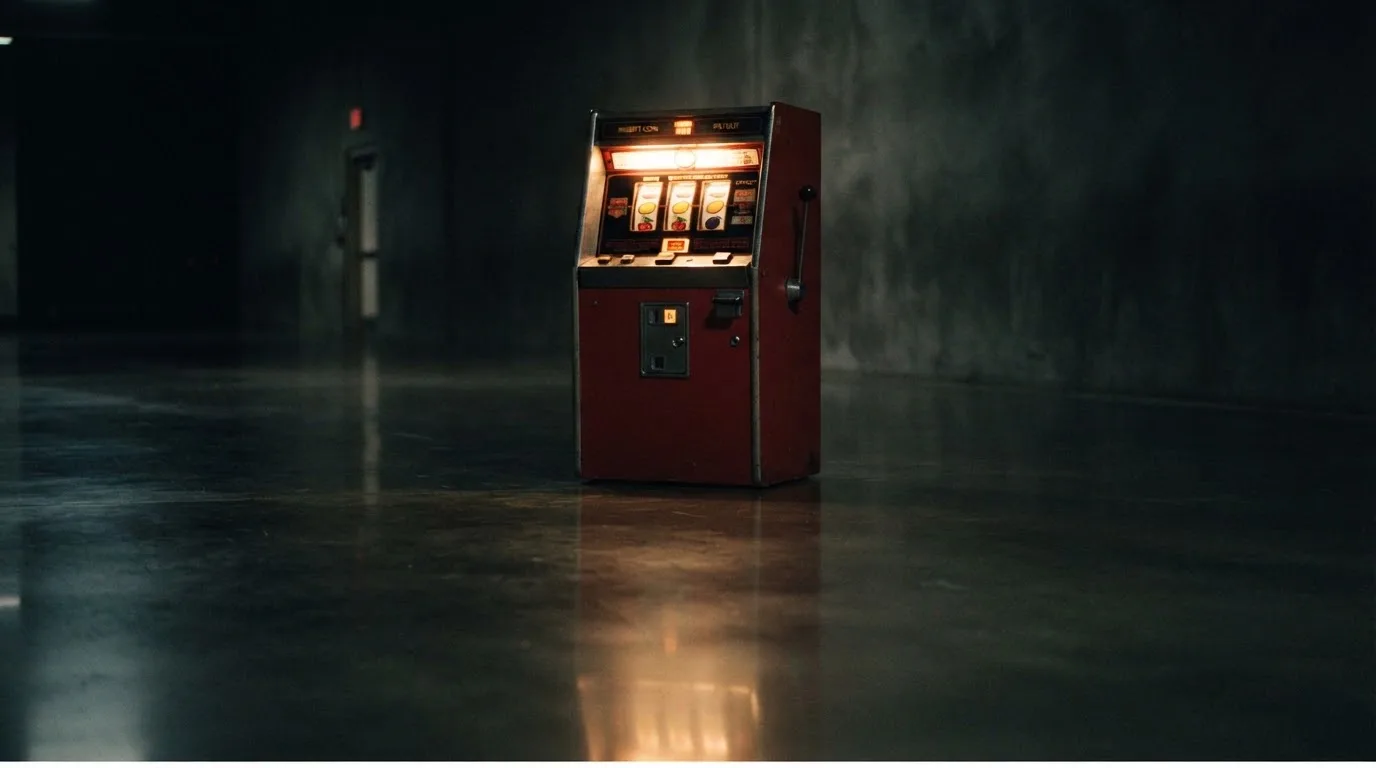 En gammal spelautomat lyser i den dunkla hallen och speglar sig i golvet — casinon med bankid i sverige