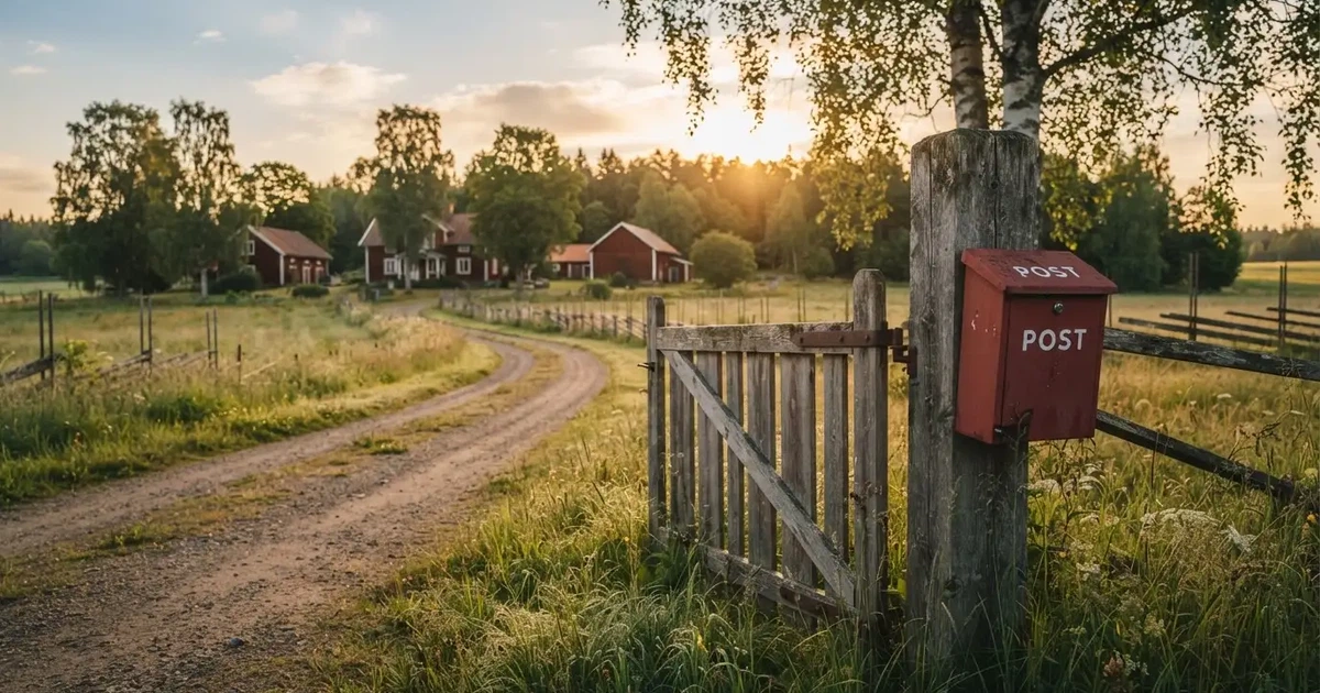 En röd brevlåda vid grinden till en lantgård en sommarkväll, daggigt gräs och långa skuggor — casinon med bankid i sverige