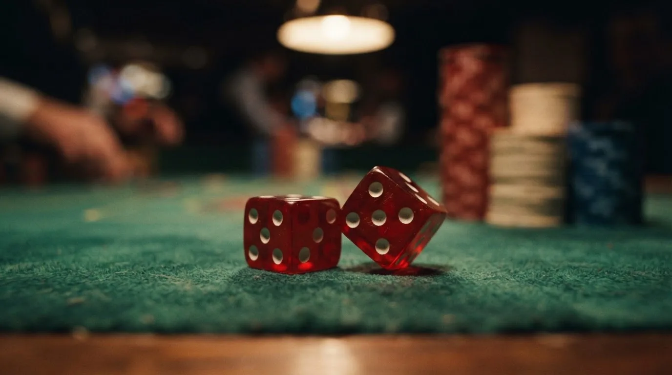 Röda tärningar vilar på grönt filt, bakom dem suddiga torn av spelmarker i kvällsdunklet — casinon med bingo i sverige