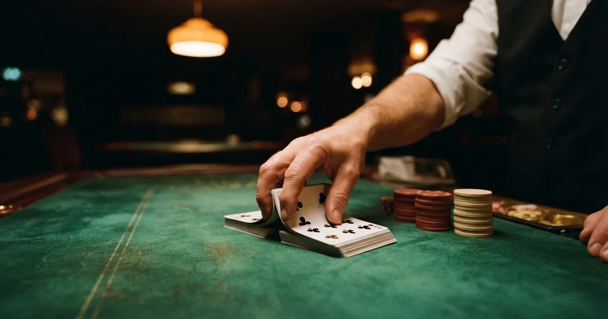 Croupierens händer blandar kort på grönt filt, taklampan speglas i den blanka kortbunten — casinon med bingo i sverige