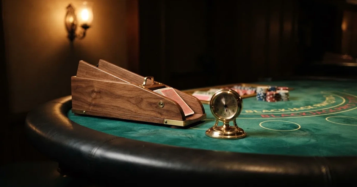 Grönt filt och en lång kortlåda av trä vid bordskanten, bredvid en blank mässingsklocka — casinon med blackjack i sverige