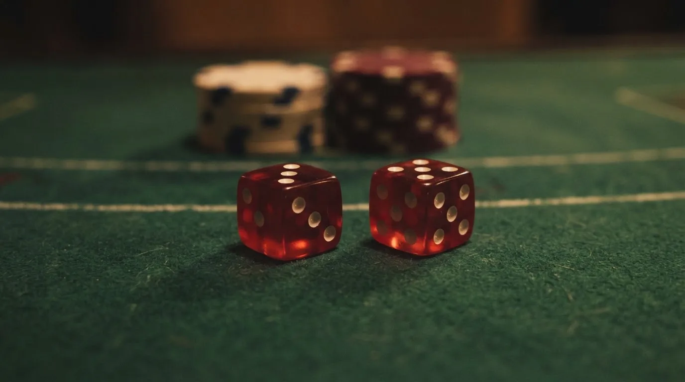 Röda tärningar vilar på grönt filt, bakom dem suddiga torn av spelmarker i kvällsdunklet — casinon med craps i sverige