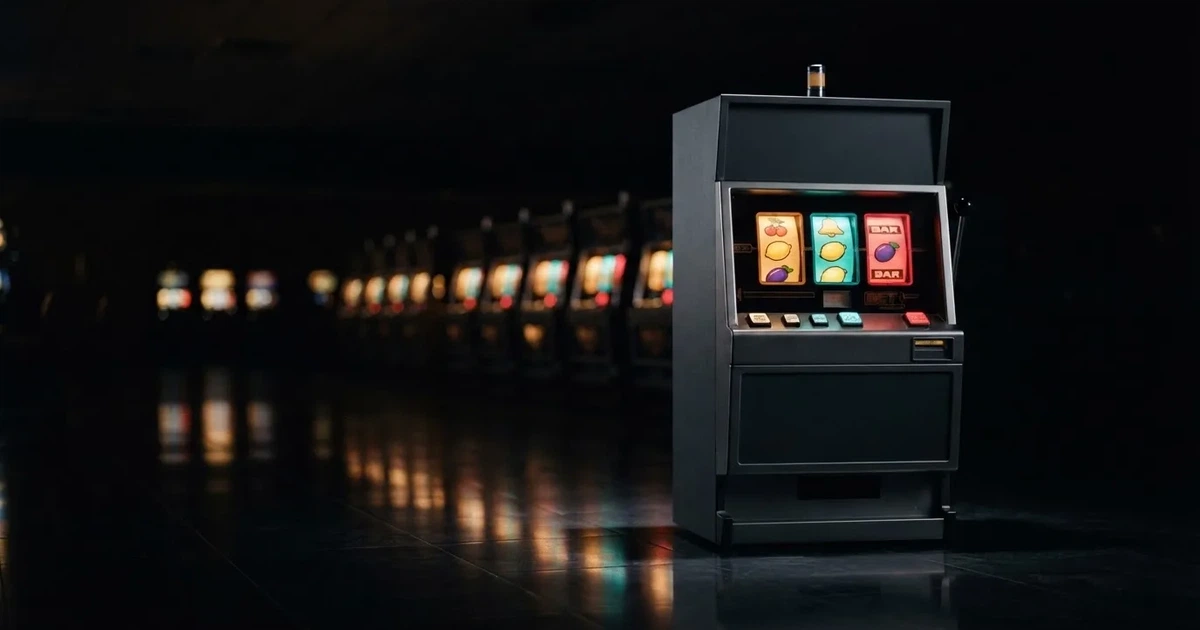 En rad spelskåp i en dunkel hall, rullarna lyser i olika färger och golvet speglar dem — casinon med craps i sverige