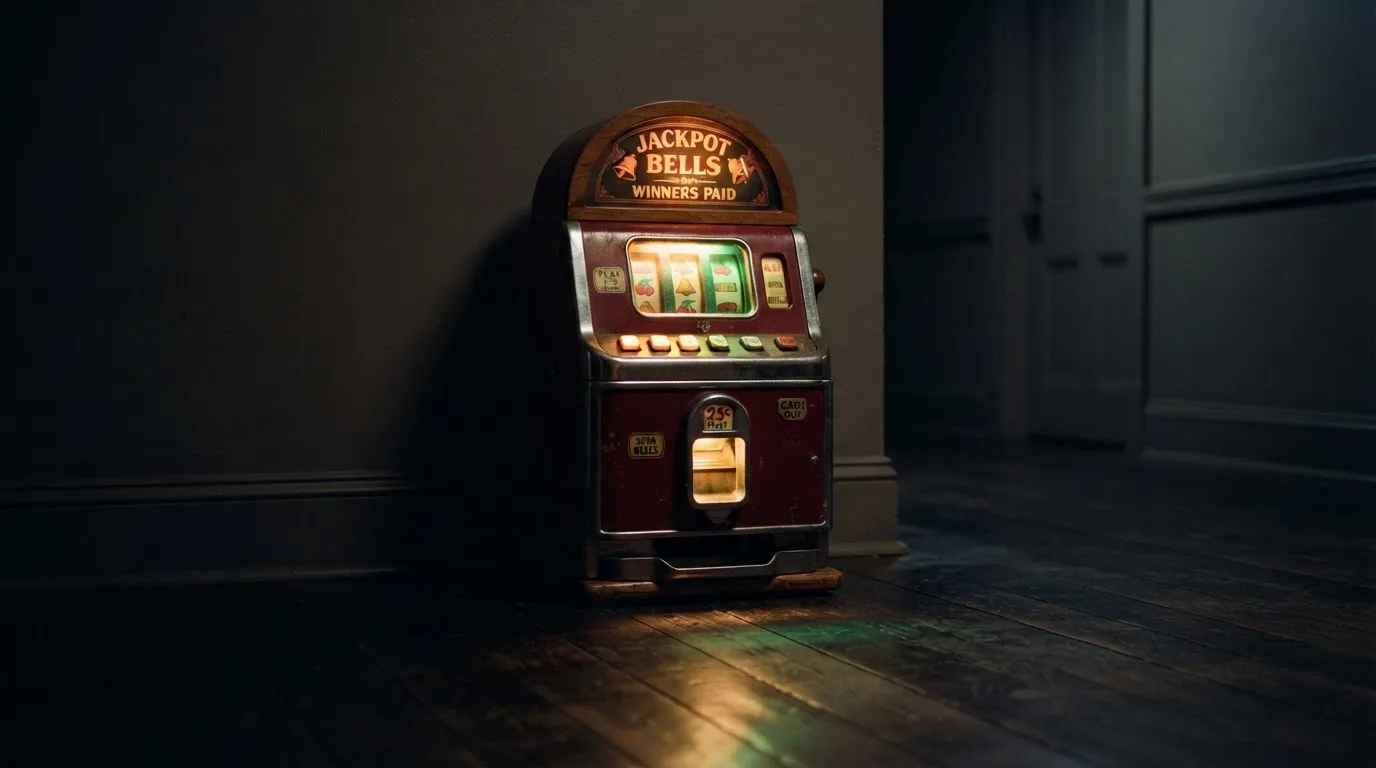 En gammal spelautomat lyser i den dunkla hallen och speglar sig i golvet — casinon med curaçao licens