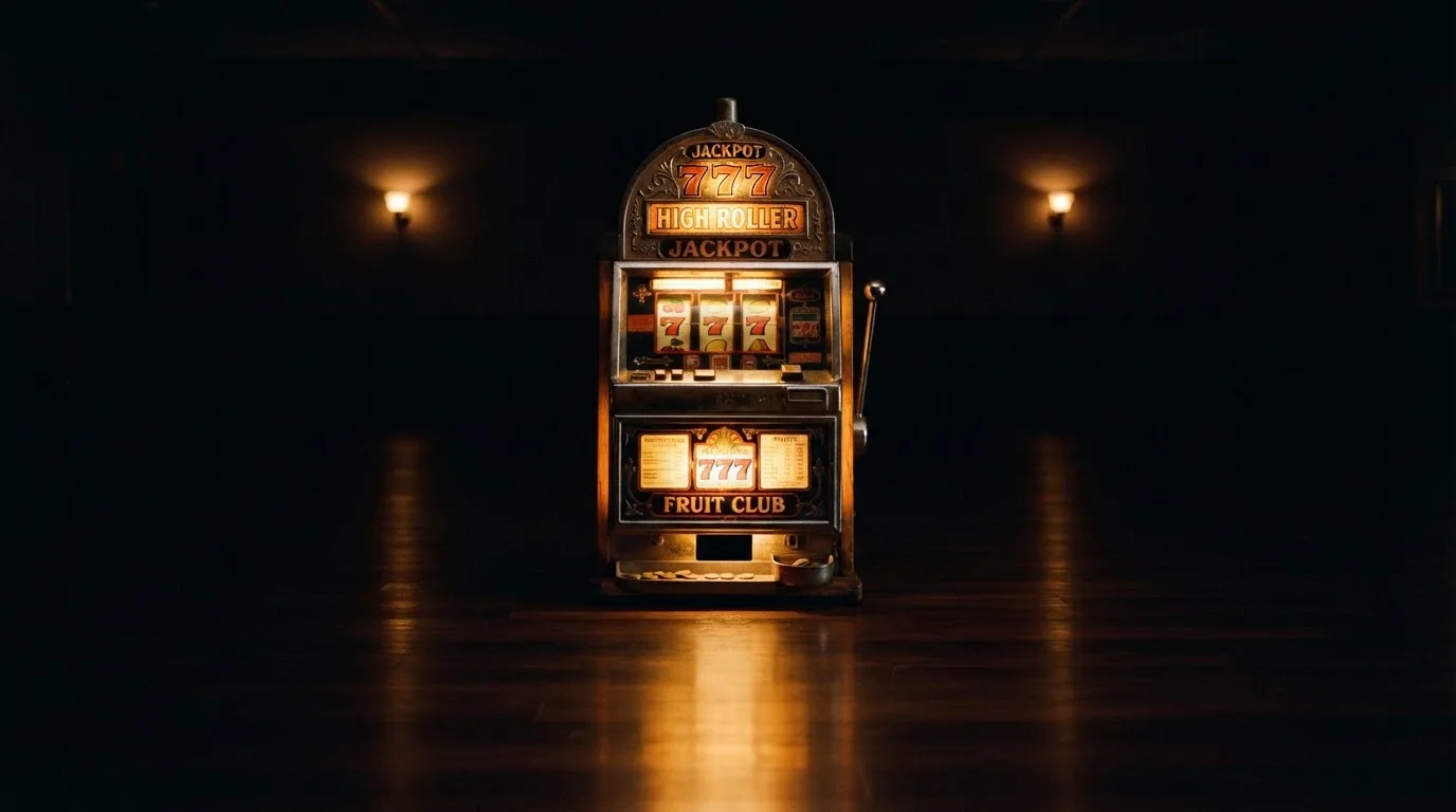 En gammal spelautomat lyser i den dunkla hallen och speglar sig i golvet — casinon med gratis spins i sverige